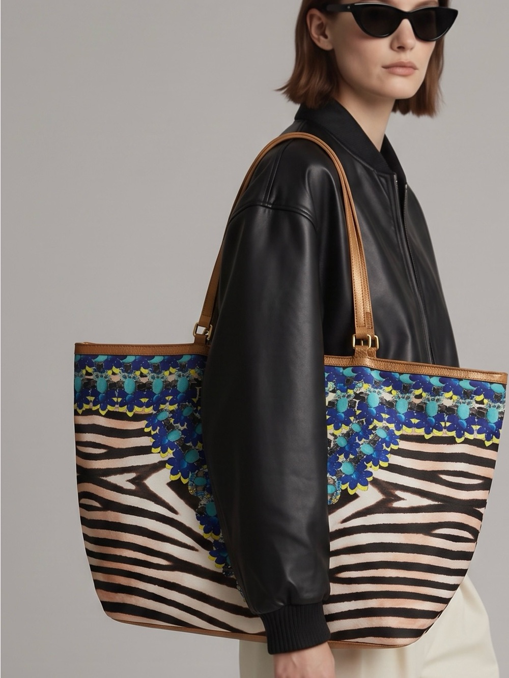 Stella & Dot Zebra Print Tote Bag Blue Yellow Floral Vegan Leather Straps